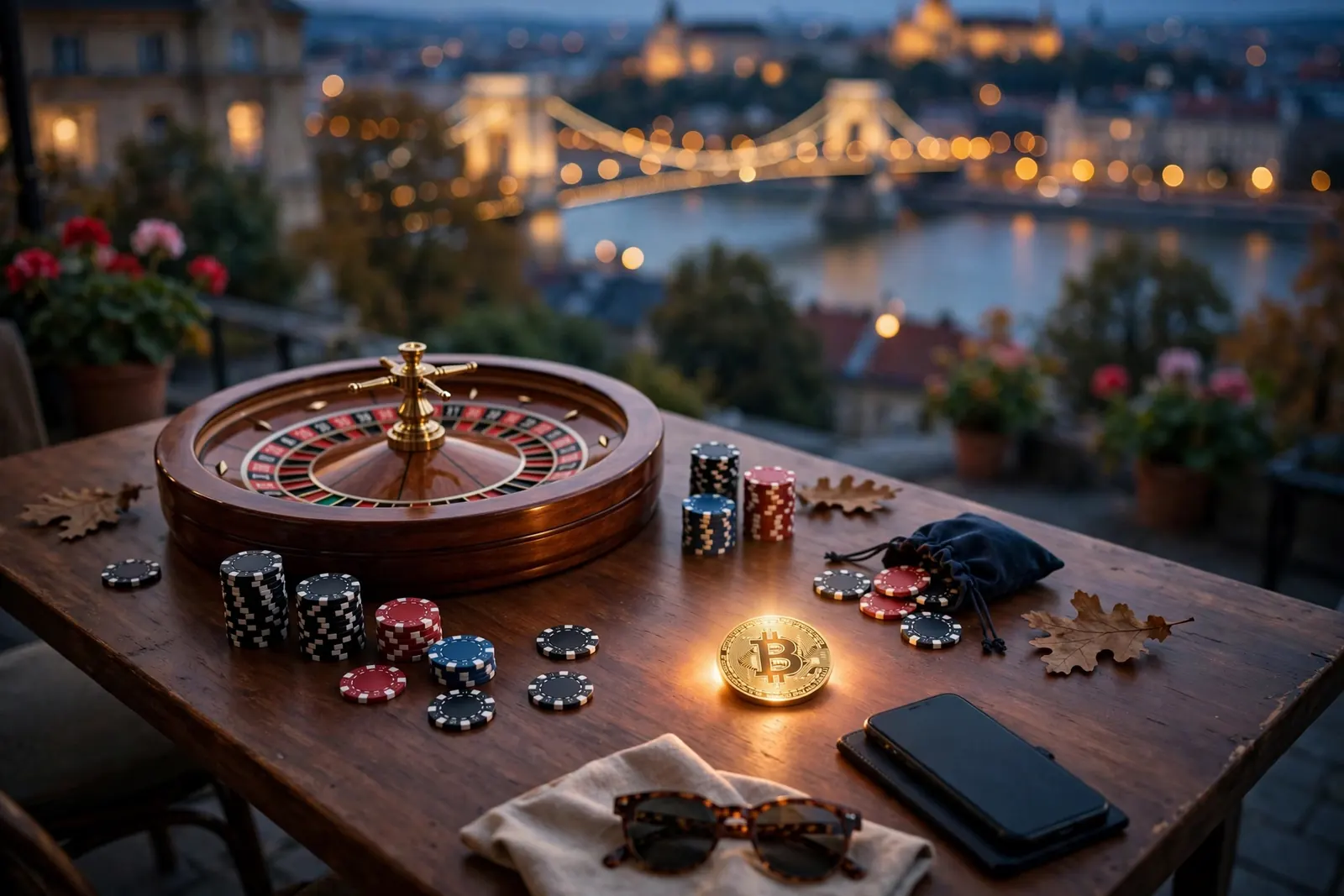 Bitcoin érme, rulettkerék és zsetonok egy elegáns asztalon, Budapest lánchídjának sziluettjével a háttérben.