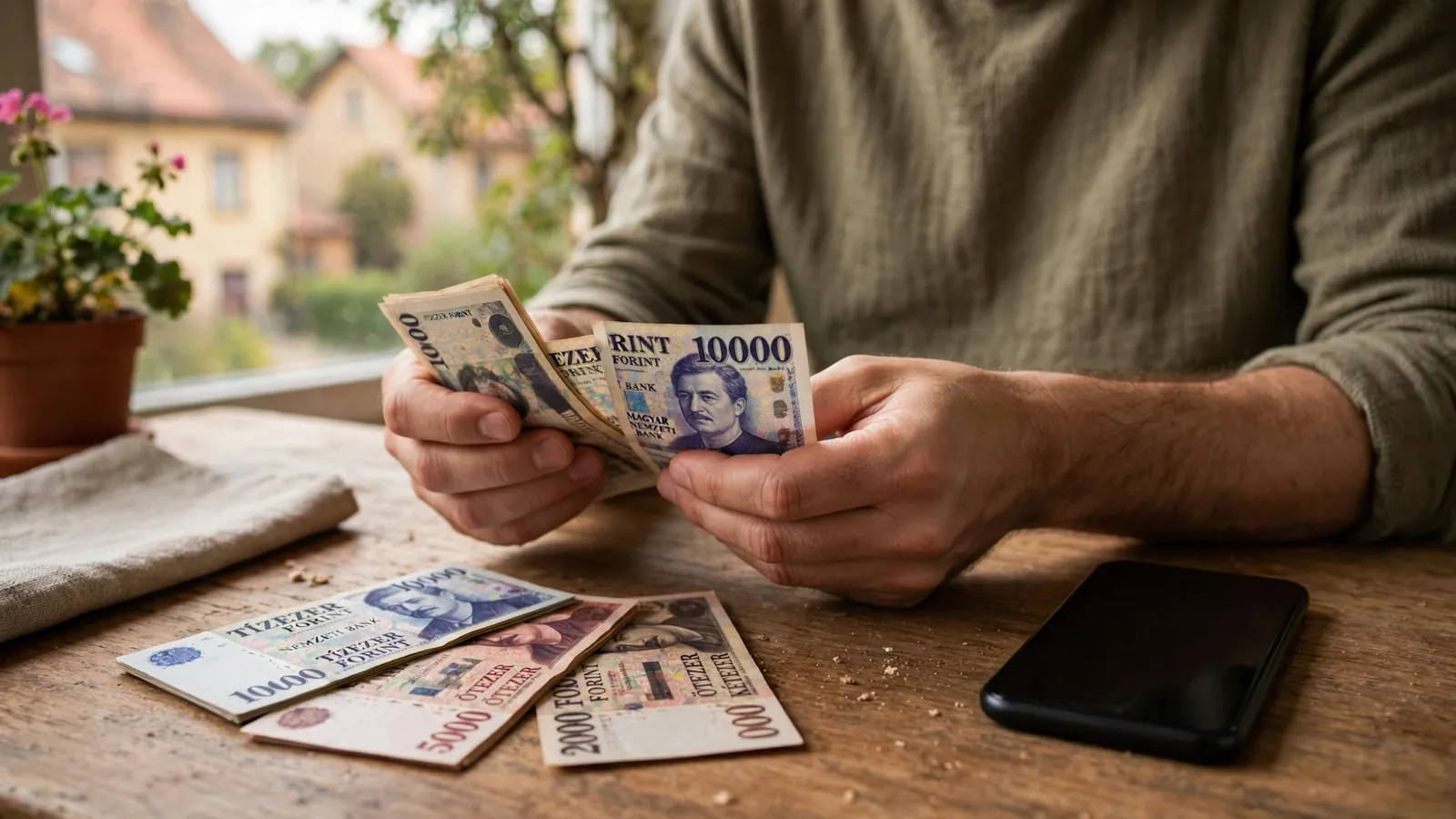 Kezek forintbankjegyeket számolnak az asztalon