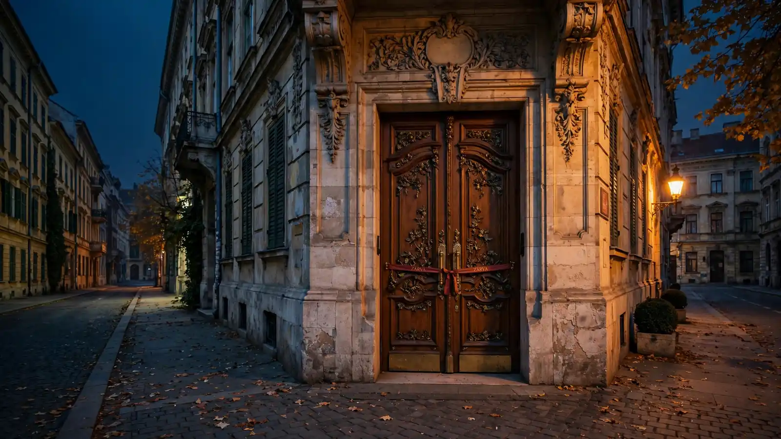 Elegáns kaszinóbejárat csukott ajtókkal éjjel